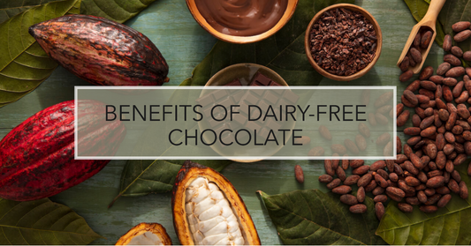 A table full of cacao and chocolate beans with the text The benefits of dairy free chocolate 