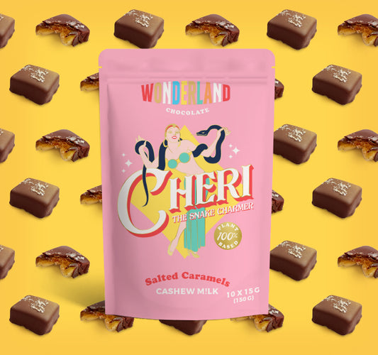 Cheri the snake charmer dairy free salted caramels in pink packaging