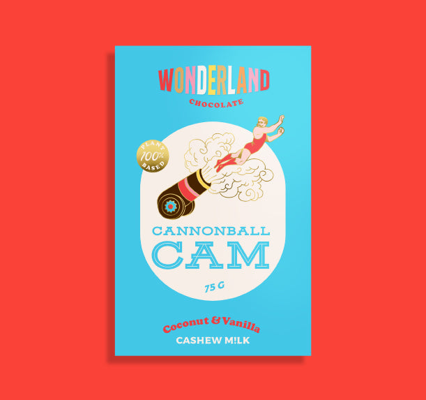 Coconut & Vanilla Cashew Milk Dairy Free Chocolate with red background
