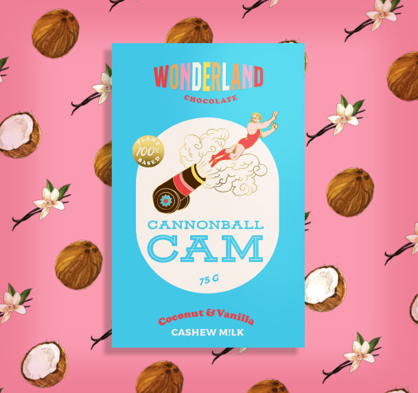 Coconut & Vanilla Cashew Milk Dairy Free Chocolate with coconut and vanilla icons on a pink background