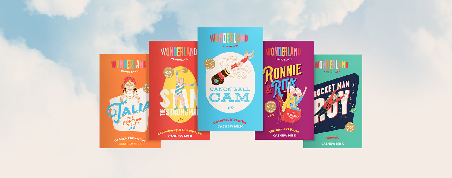 Banner showcasing Wonderlands vegan chocolate bars with sky as the background